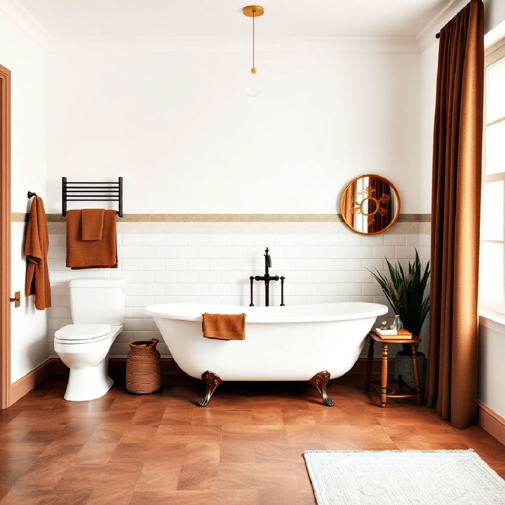 brown floor tiles with white walls bathroom