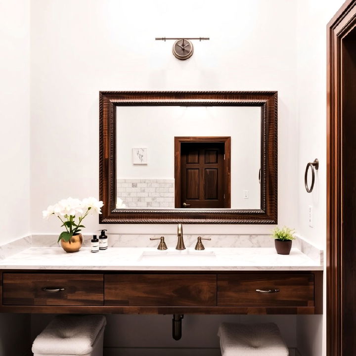 brown framed mirror with white walls for bathroom