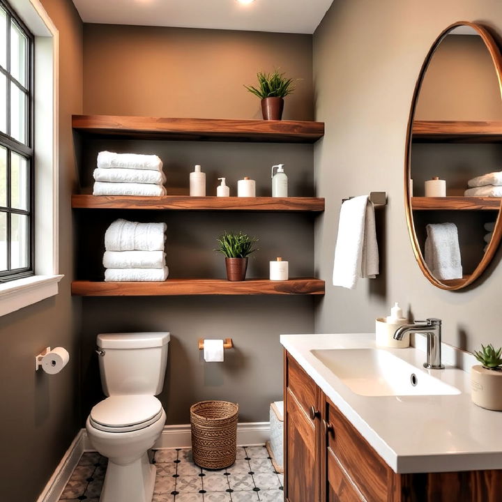 brown wooden shelves with white accents for bathroom