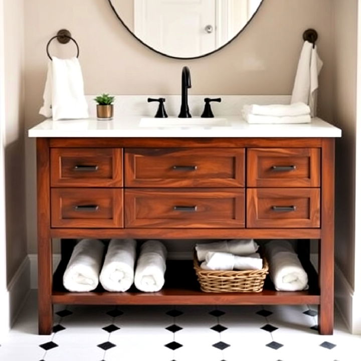 brown wooden vanity with white countertop