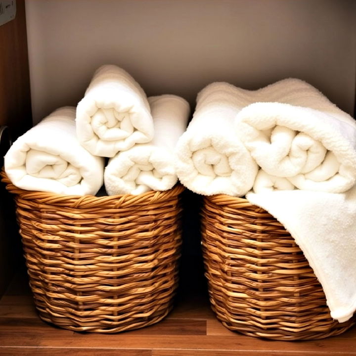 brown woven baskets with white towels