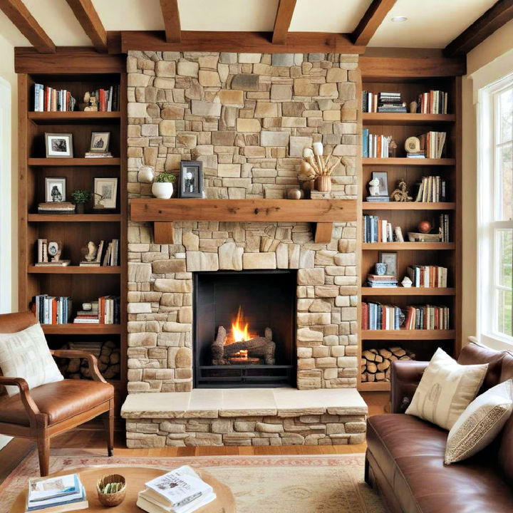 built in bookshelf fireplace for cabin