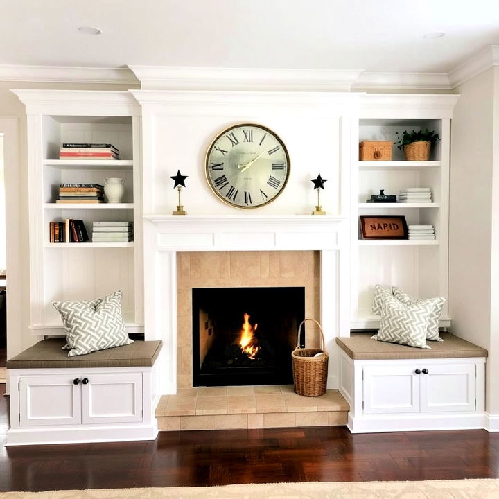 built in fireplace bench with storage