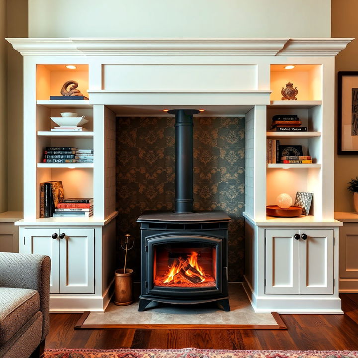 built in shelving wood stove surround