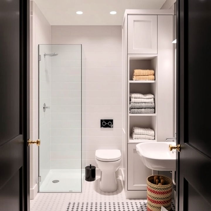 built in storage partition for small bathroom