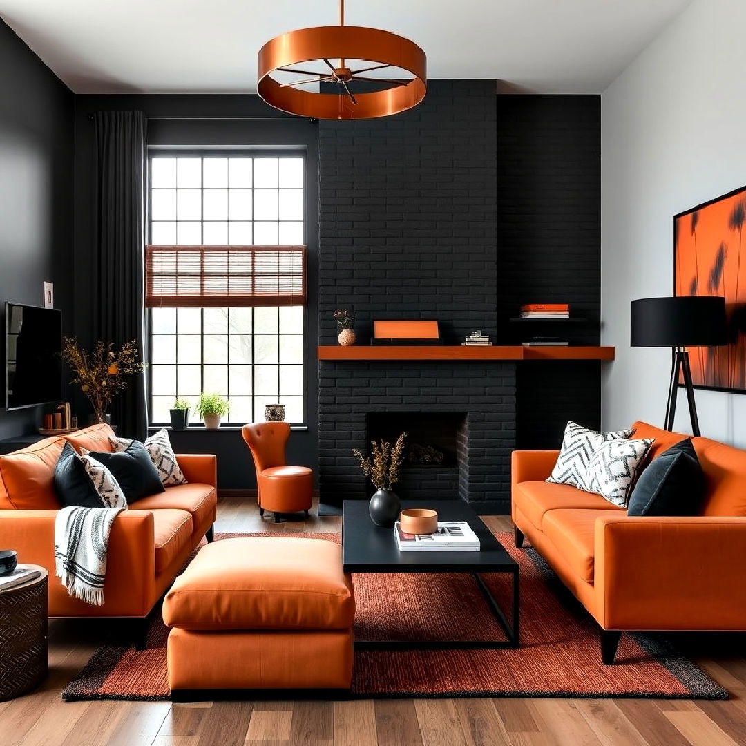 burnt orange and black accents for living room