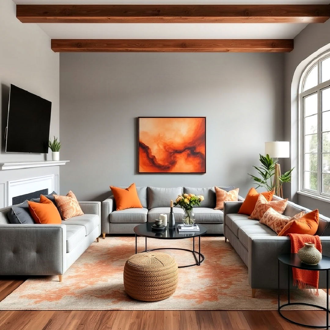 burnt orange and grey color palette for living room