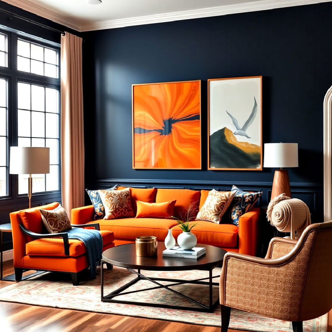 burnt orange and navy blue combination for living room