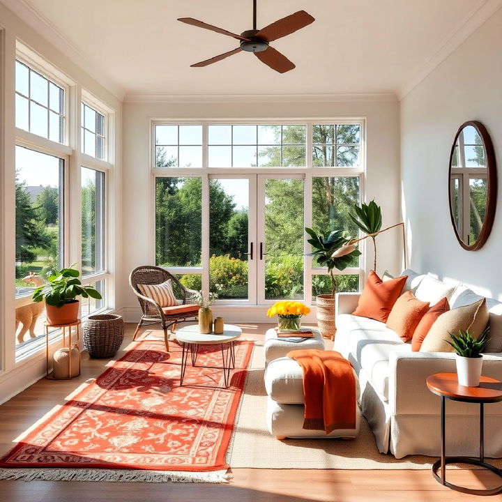 burnt sienna and light linen sunroom