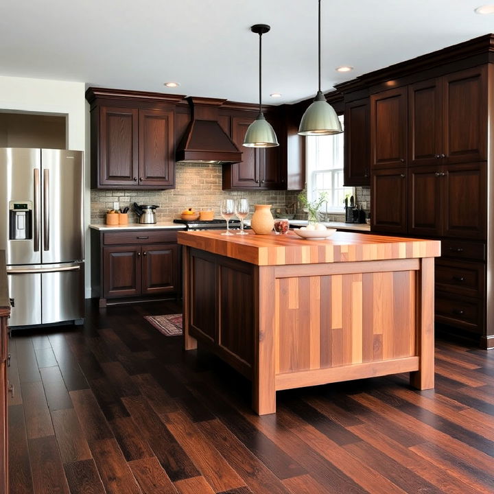 butcher block kitchen island with dark wood floor