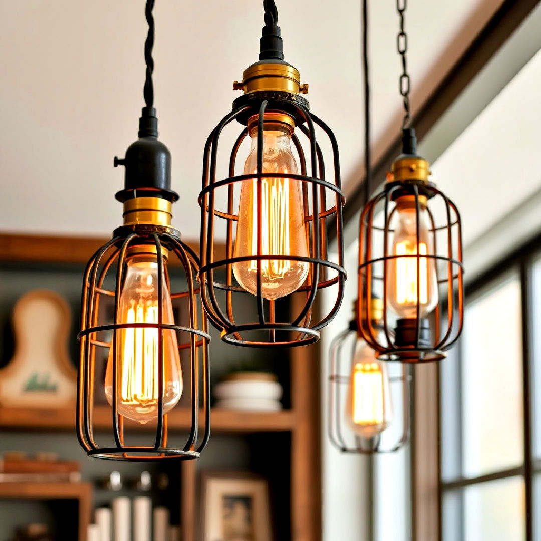 caged light fixtures with exposed bulbs