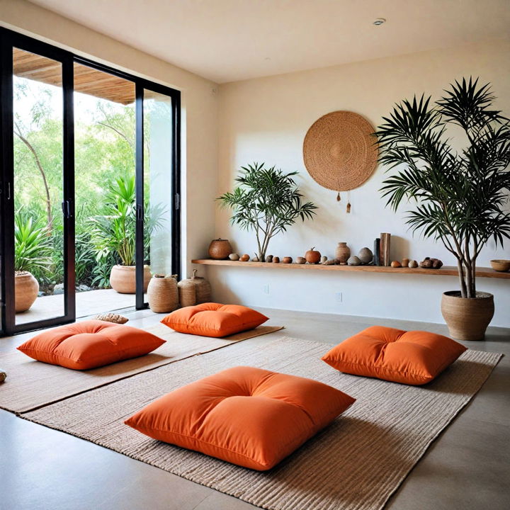 calming zen space with orange cushions