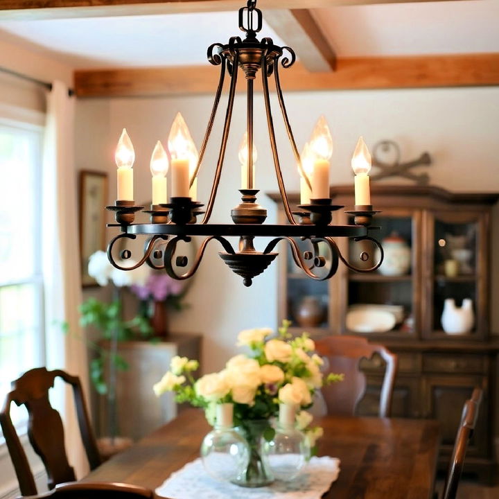 candlelit chandelier in dining room