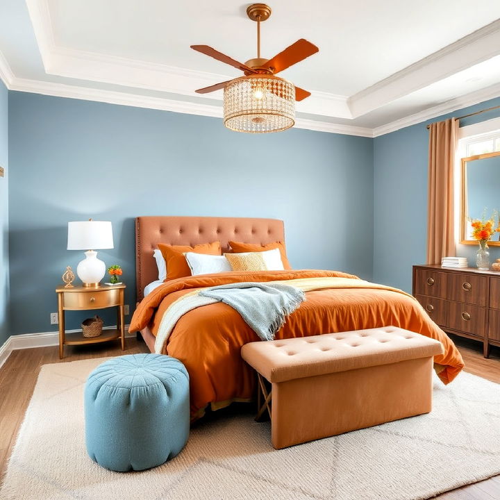 caramel and soft blue color palette bedroom