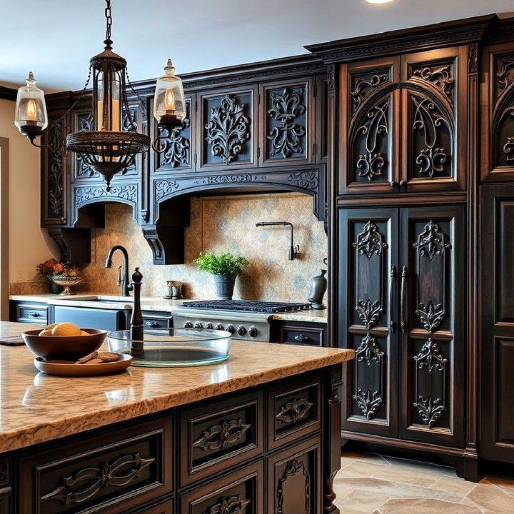 carved wooden cabinets for gothic kitchen