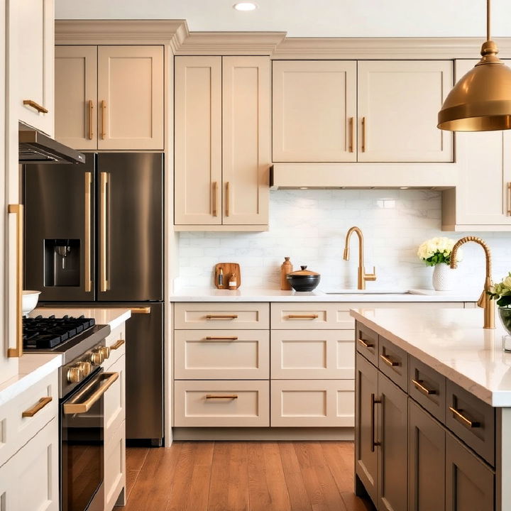 cashmere toned cabinetry with brass hardware