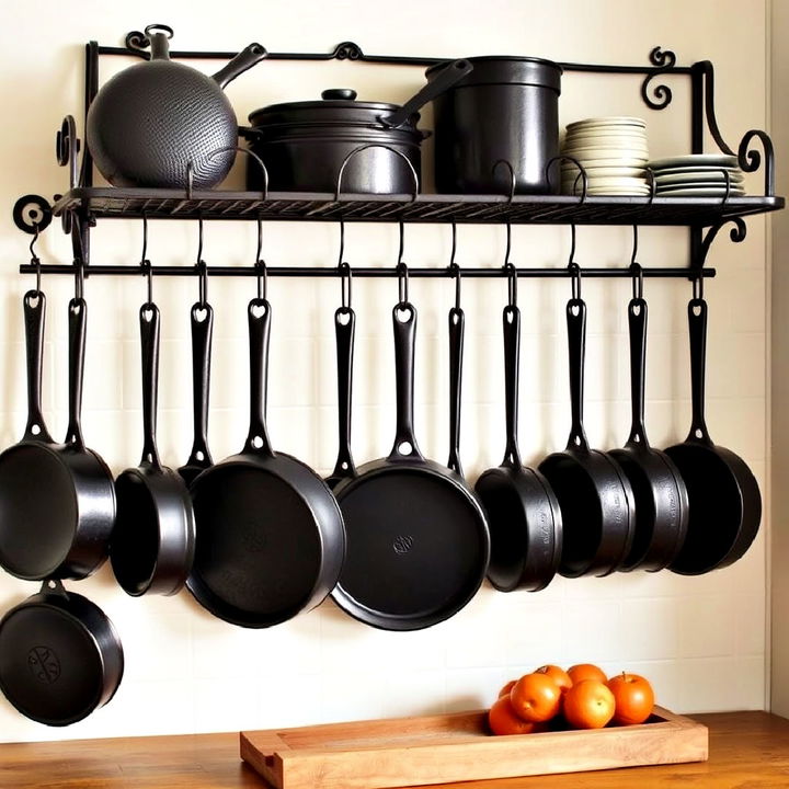 cast iron cookware display for gothic kitchen