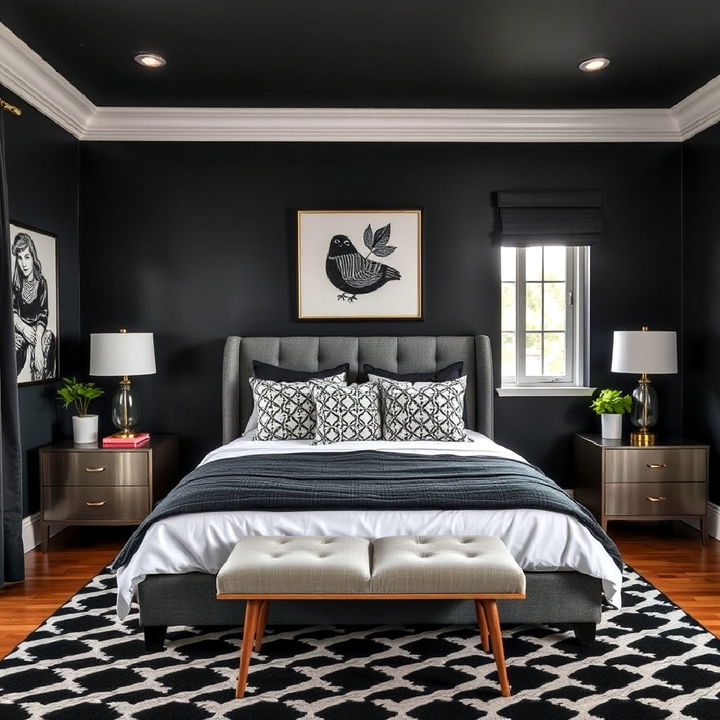 charcoal and bold patterns bedroom