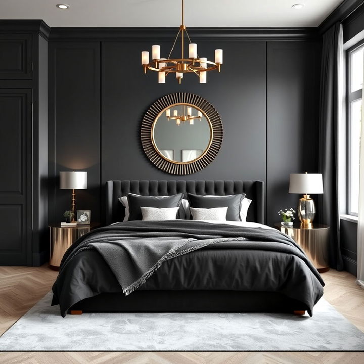 charcoal and metallic accents bedroom