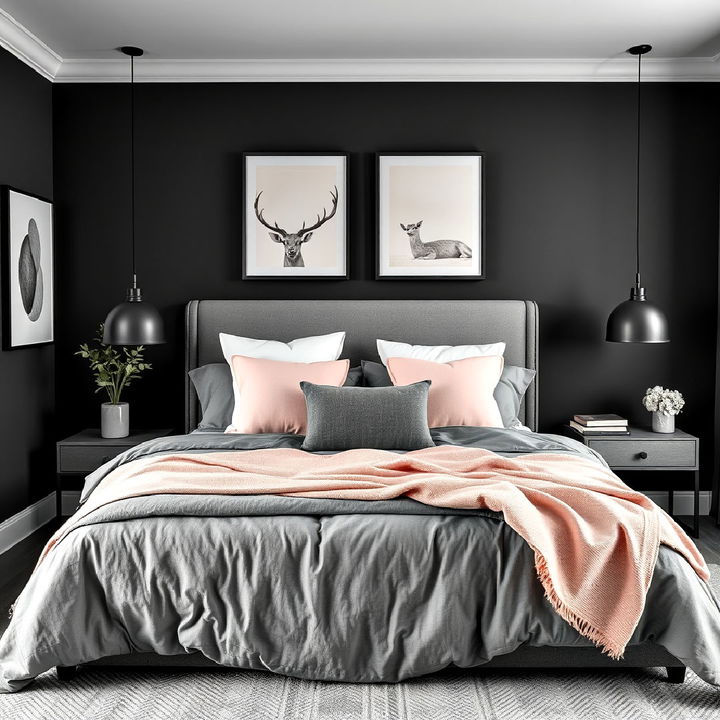 charcoal and soft pastel accents bedroom