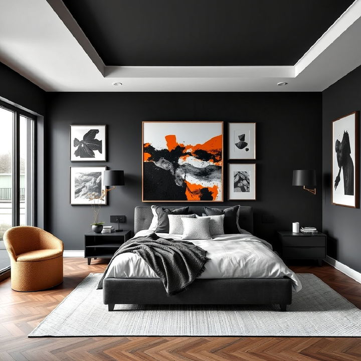 charcoal bedroom with bold artwork