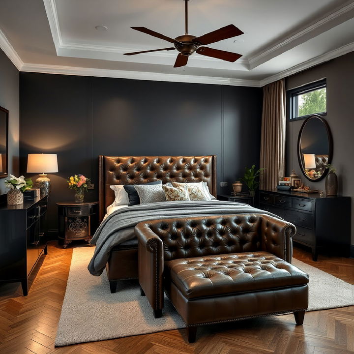 charcoal bedroom with leather furniture