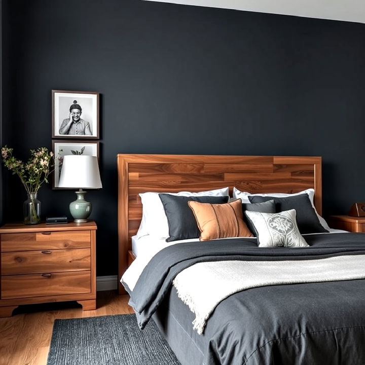 charcoal walls and wooden furniture bedroom