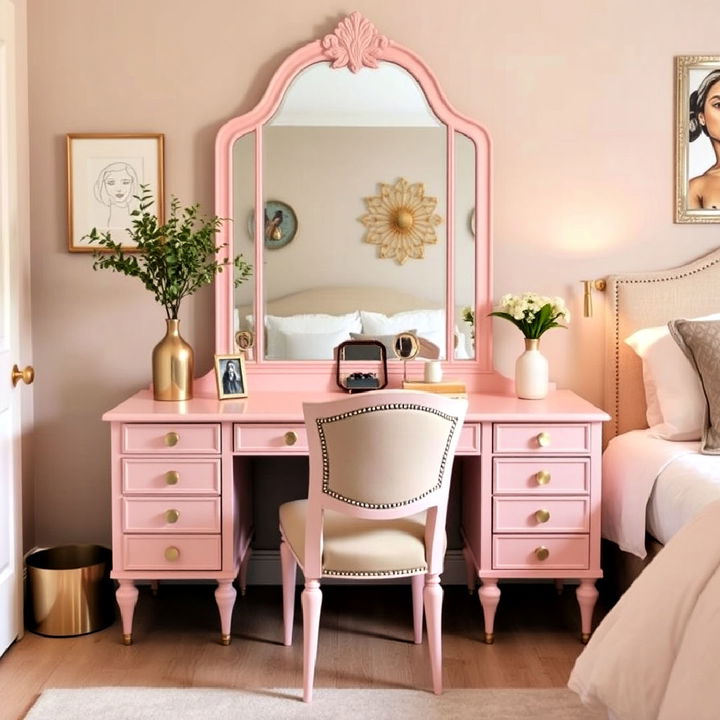 chic and practical blush pink bedroom vanity