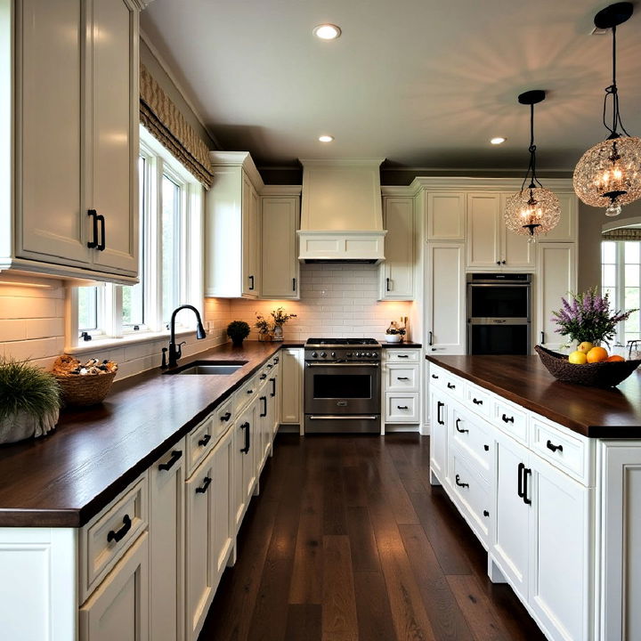 chic dark wood countertops and cream cabinets