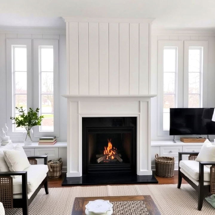 chic white shiplap fireplace with tall narrow windows