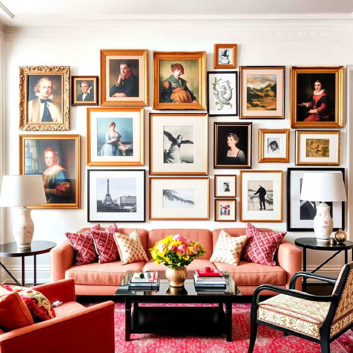 classic and artistic living room gallery wall