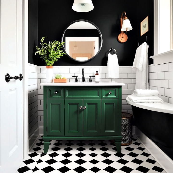 classic black and white bathroom with a green vanity