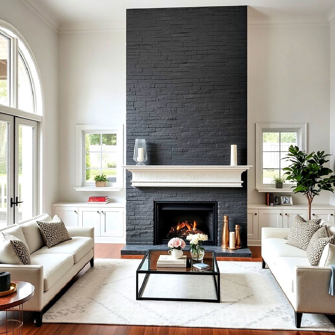 classic black stone fireplace with mantel for transitional homes