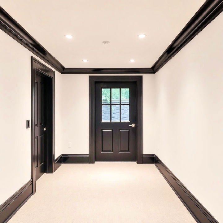 classic black trim for a bold contrast basement