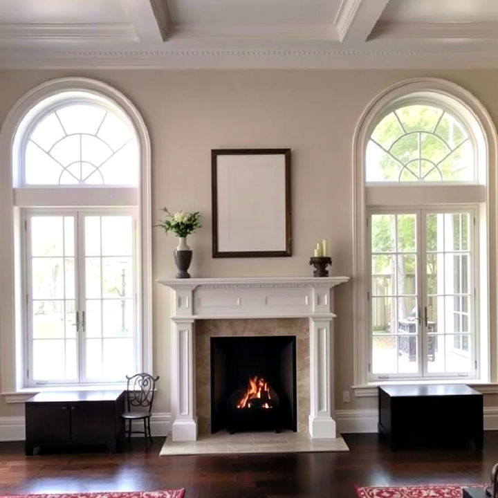 classic mantel fireplace with arched windows