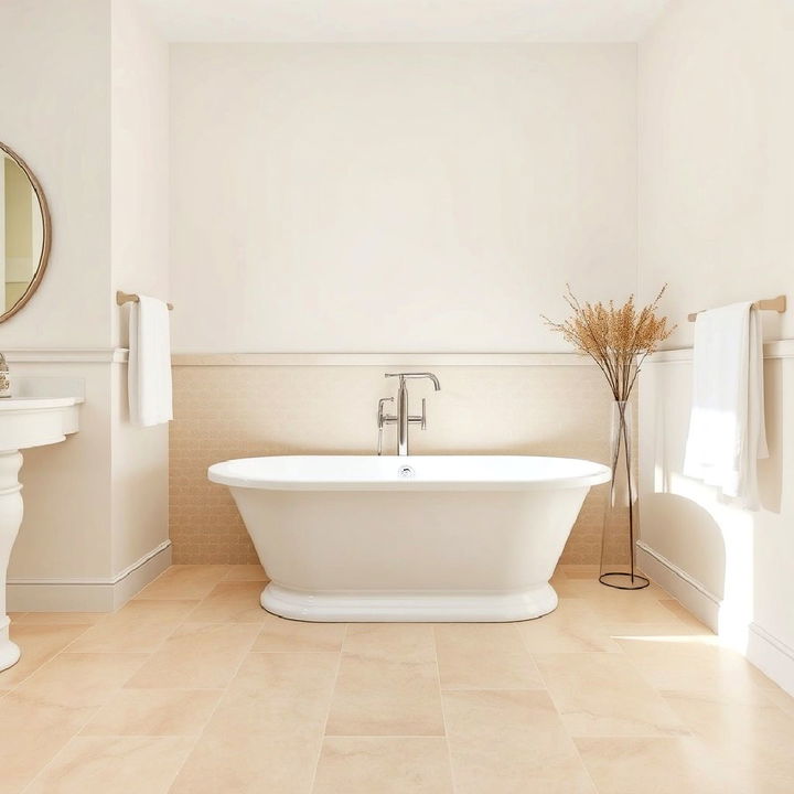 classic white bathtub with beige floor tiles