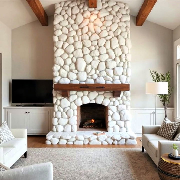 classic white river rock fireplace