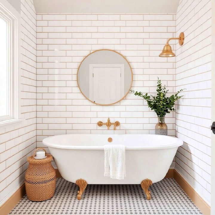 classic white subway tiles with beige grout