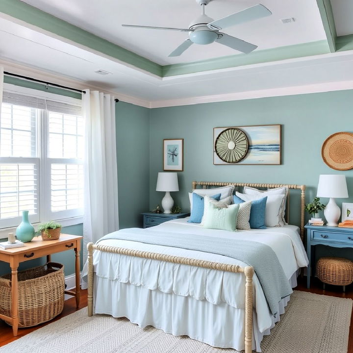 coastal inspired blue and green accents bedroom