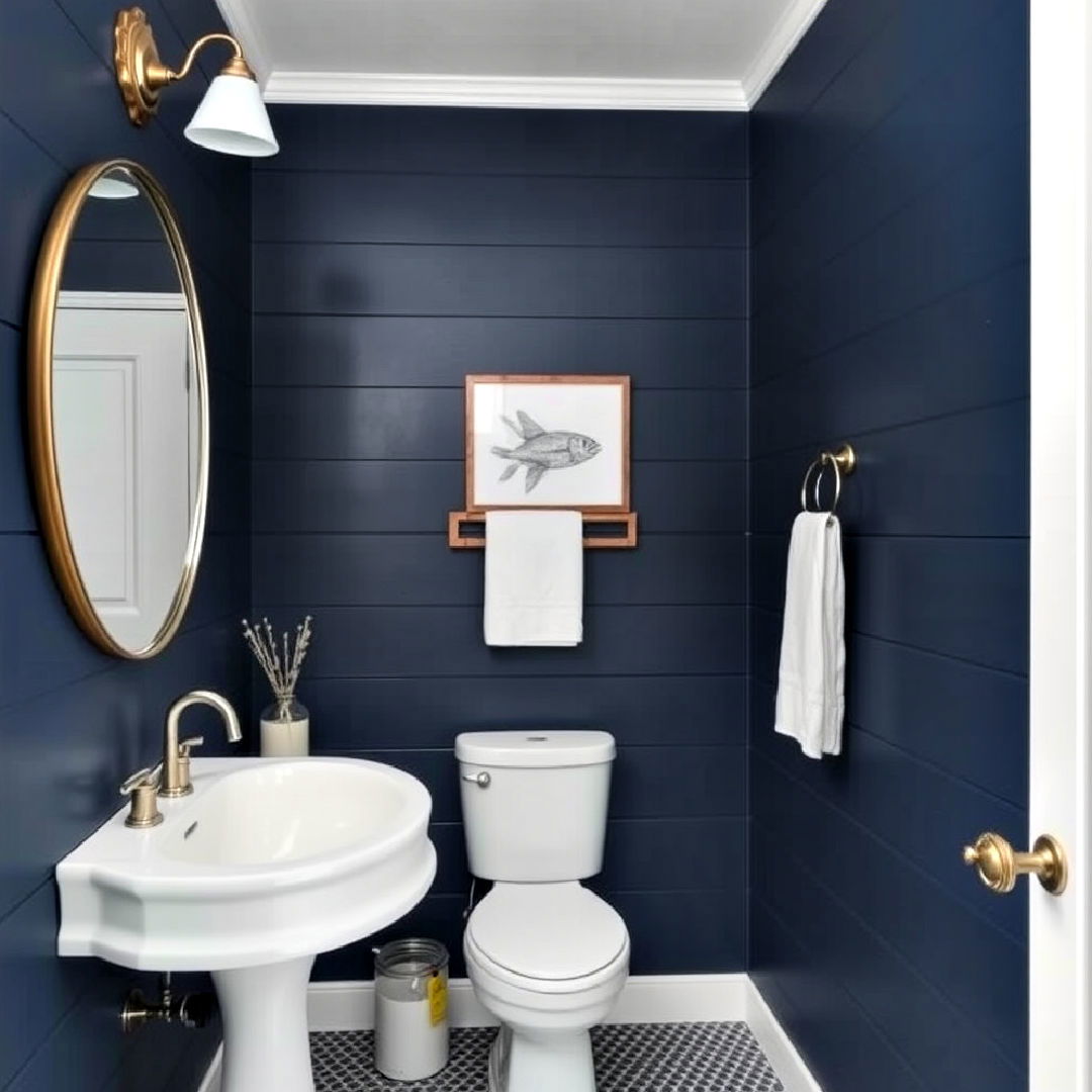 coastal navy blue shiplap walls powder room