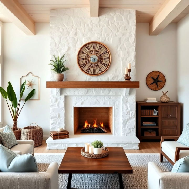 coastal white coral stone fireplace