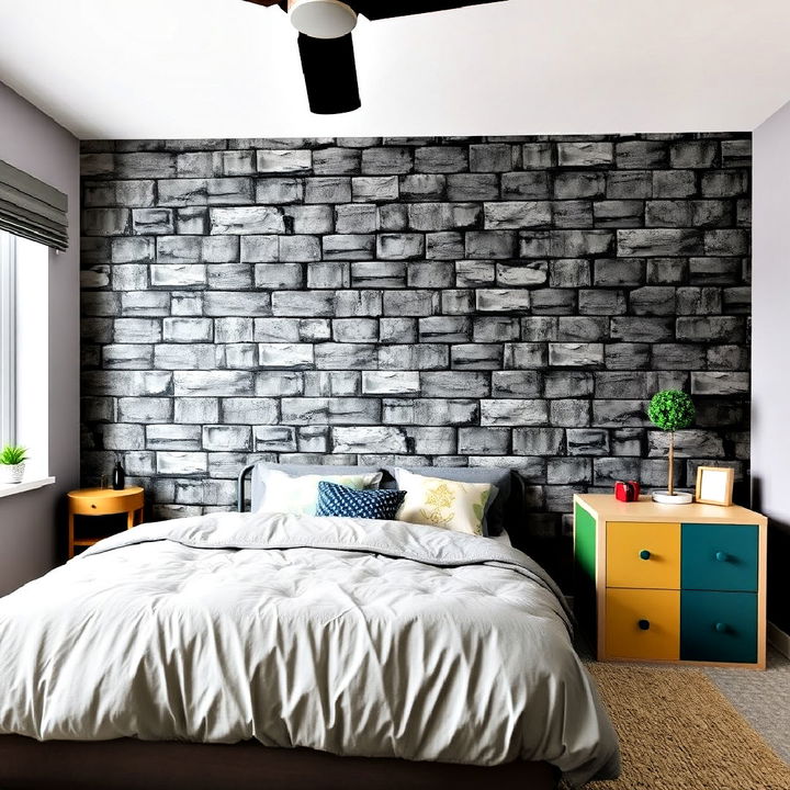 cobblestone accent wall for minecraft themed bedroom