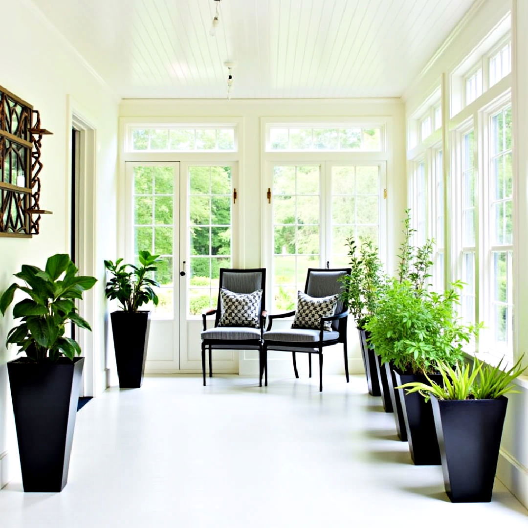 cohesive black planters for sunroom