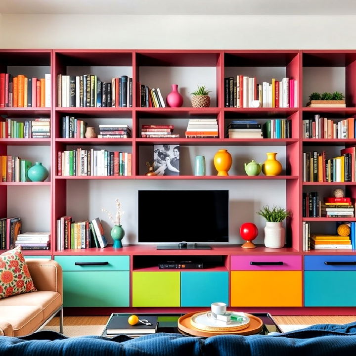 color themed shelving for living room