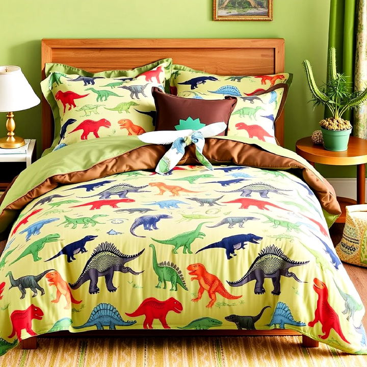 colorful bedding covered in dinosaurs