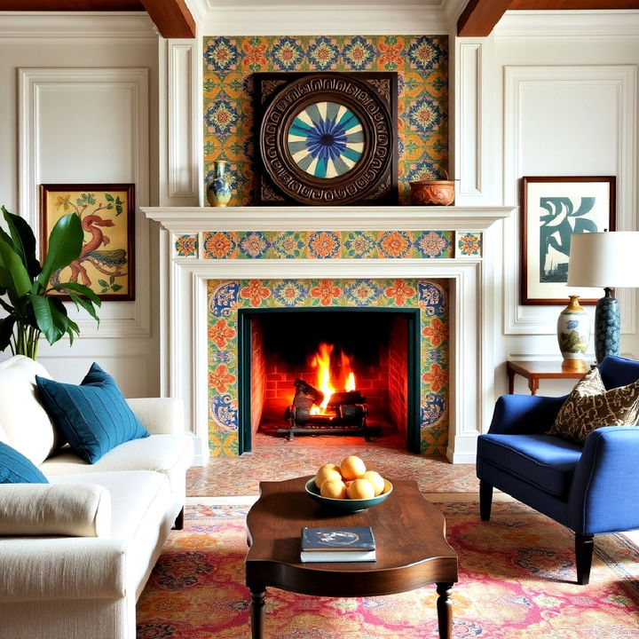 colorful encaustic tiles for fireplace