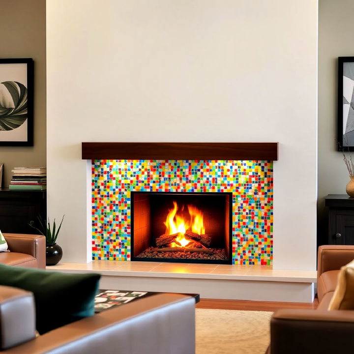 colorful glass mosaic tiles fireplace