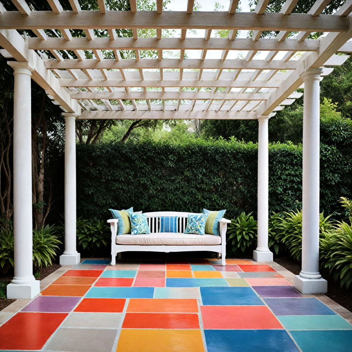 colorful painted concrete pergola flooring