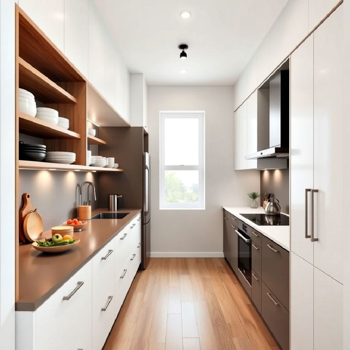 compact and chic parallel modular kitchen with open shelving