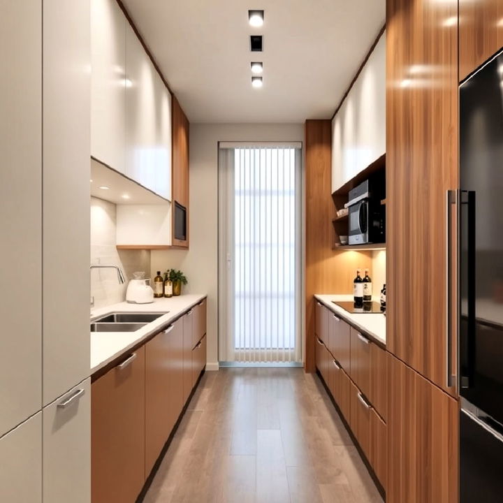 compact parallel kitchen design with sliding cabinet doors